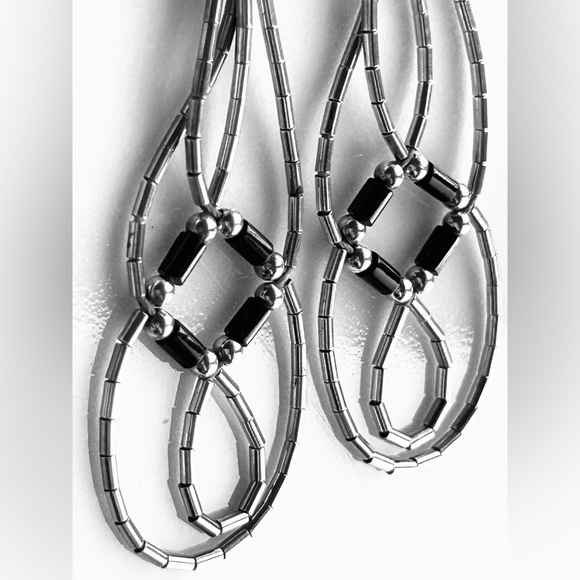 .925 Sterling Silver Navajo Liquid Tube Bead Heishi Black Onyx Dangle Earrings - Picture 3 of 8